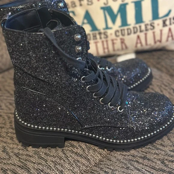 Black Glitter Combat Boots - Picture 2 of 8